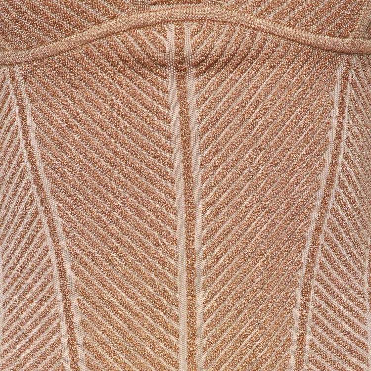 Pre Owned Herve Leger Metallic Rose Gold Knit Midi Dress XS