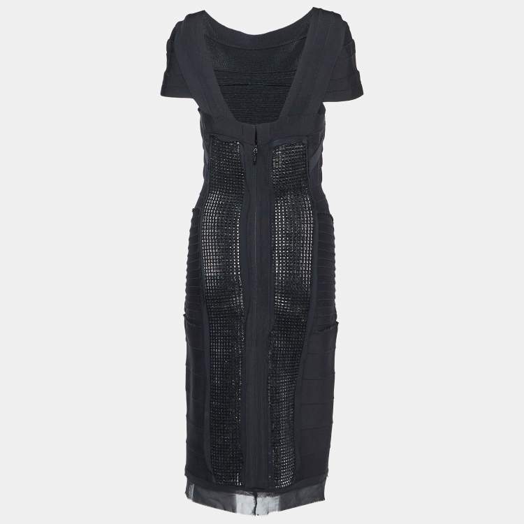 Pre Owned Herve Leger Black Studded Stretch Knit Bandage Dress M
