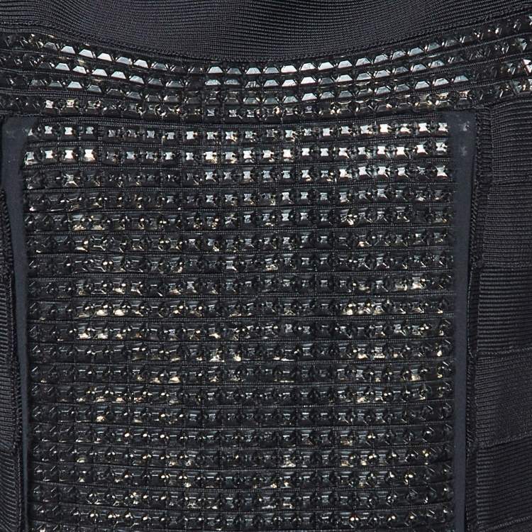 Pre Owned Herve Leger Black Studded Stretch Knit Bandage Dress M