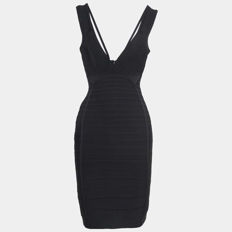 Pre Owned Herve Leger Black Knit V-Neck Bandage Dress S