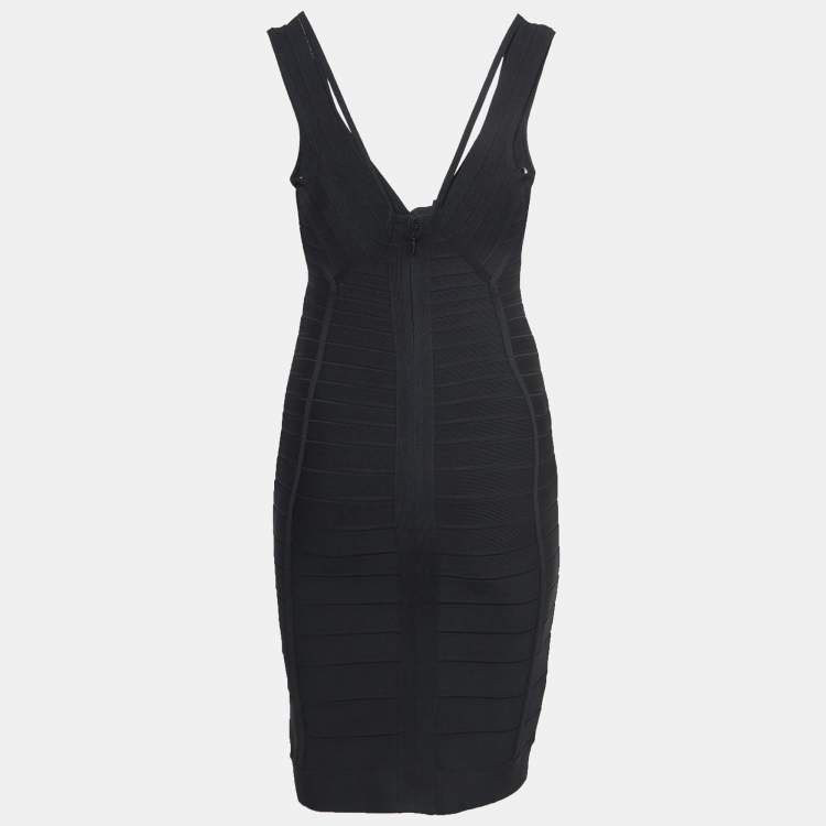 Pre Owned Herve Leger Black Knit V-Neck Bandage Dress S