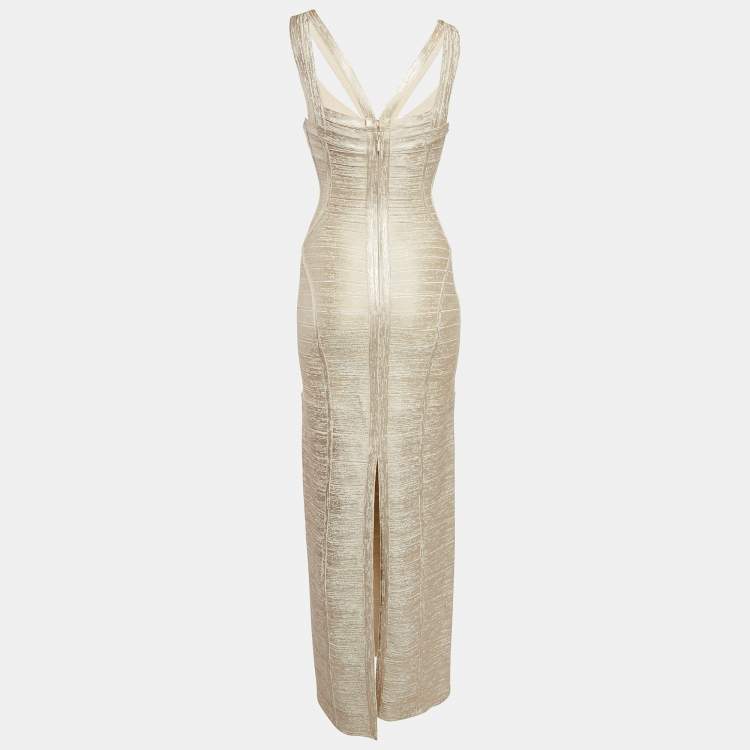 Pre Owned Herve Leger Beige Foil Print Banded Knit Sweetheart Maxi Dress S