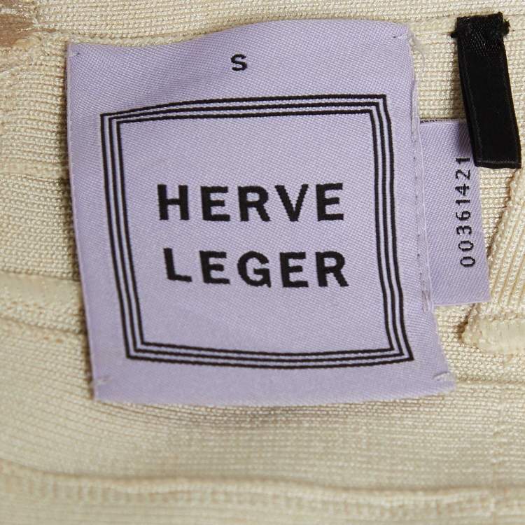 Pre Owned Herve Leger Beige Foil Print Banded Knit Sweetheart Maxi Dress S