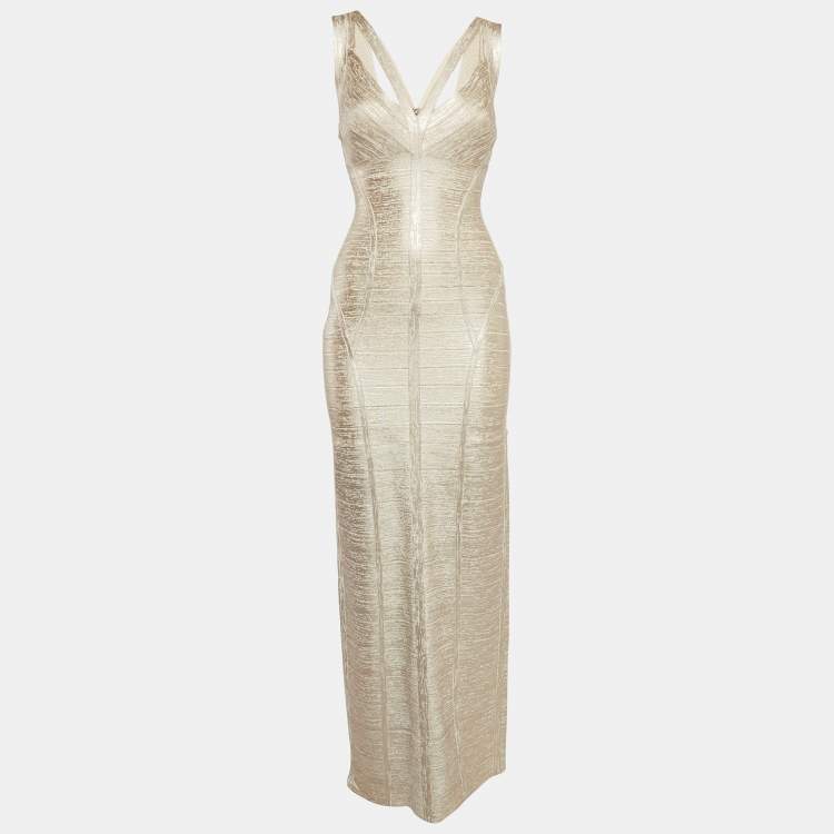 Pre Owned Herve Leger Beige Foil Print Banded Knit Sweetheart Maxi Dress S