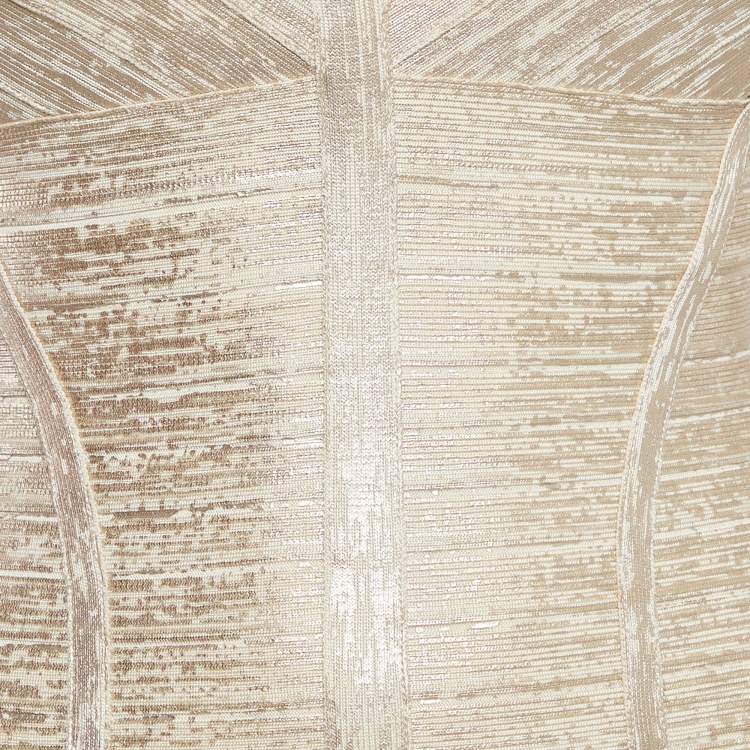 Pre Owned Herve Leger Beige Foil Print Banded Knit Sweetheart Maxi Dress S