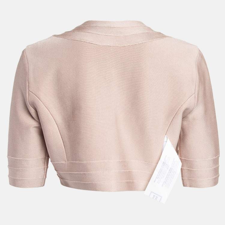 Pre Owned Herve Leger Bare Pink Knit Front Open Cropped Jacket M