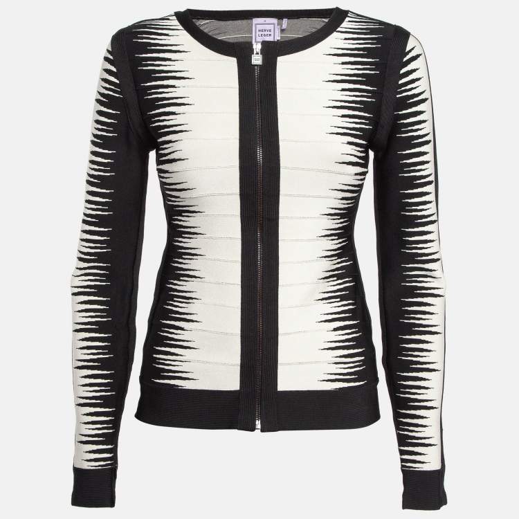 Pre Owned Herve Leger Black/White Patterned Knit Zip-Up Britt Jacket M