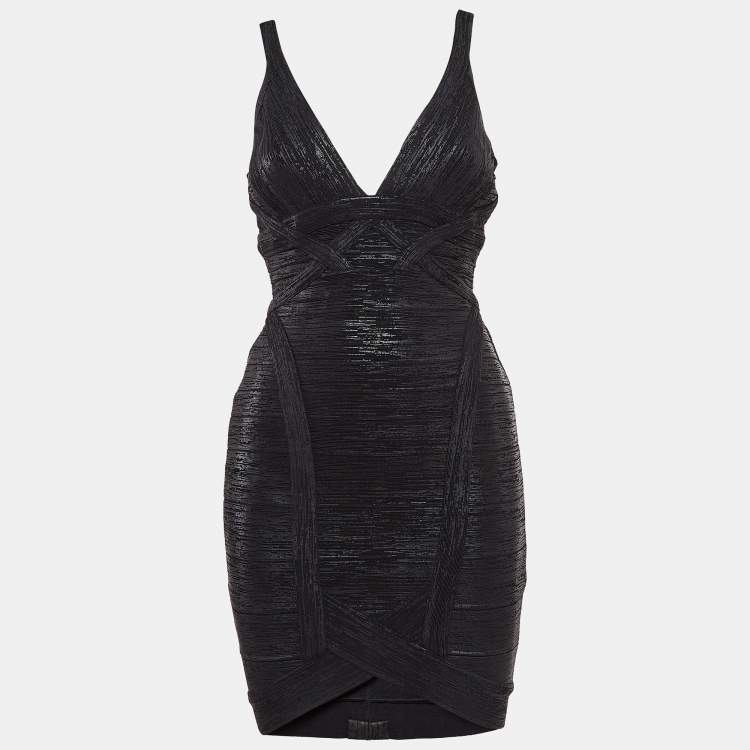 Pre Owned Herve Leger Black Printed Bandage Knit Mini Sleeveless Dress S