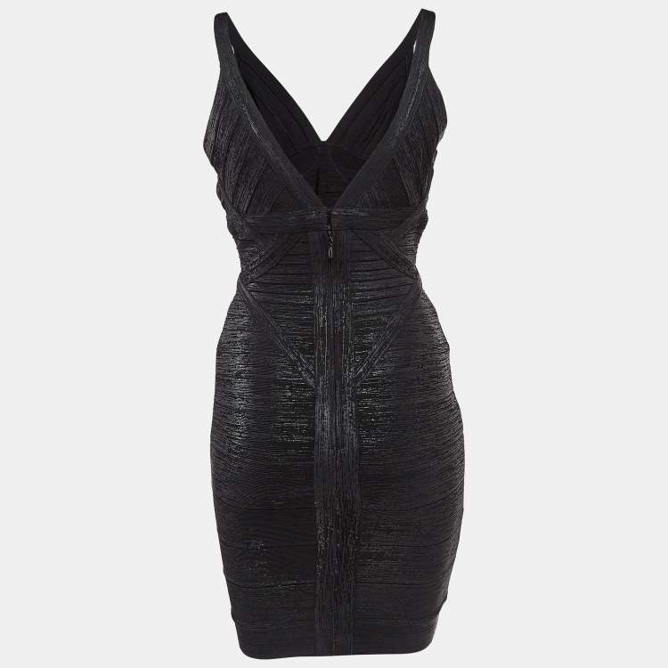 Pre Owned Herve Leger Black Printed Bandage Knit Mini Sleeveless Dress S