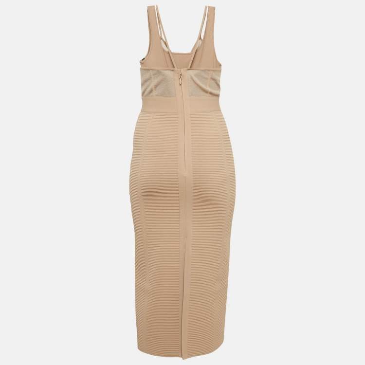 Pre Owned Herve Leger Beige Patterned Jersey Corset Midi Dress S