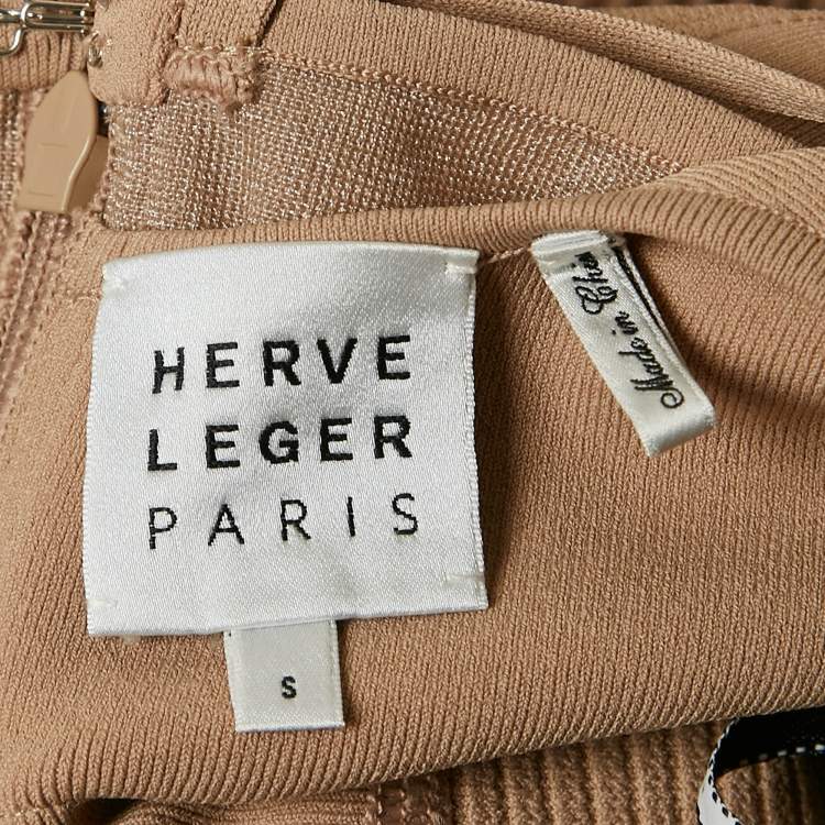 Pre Owned Herve Leger Beige Patterned Jersey Corset Midi Dress S