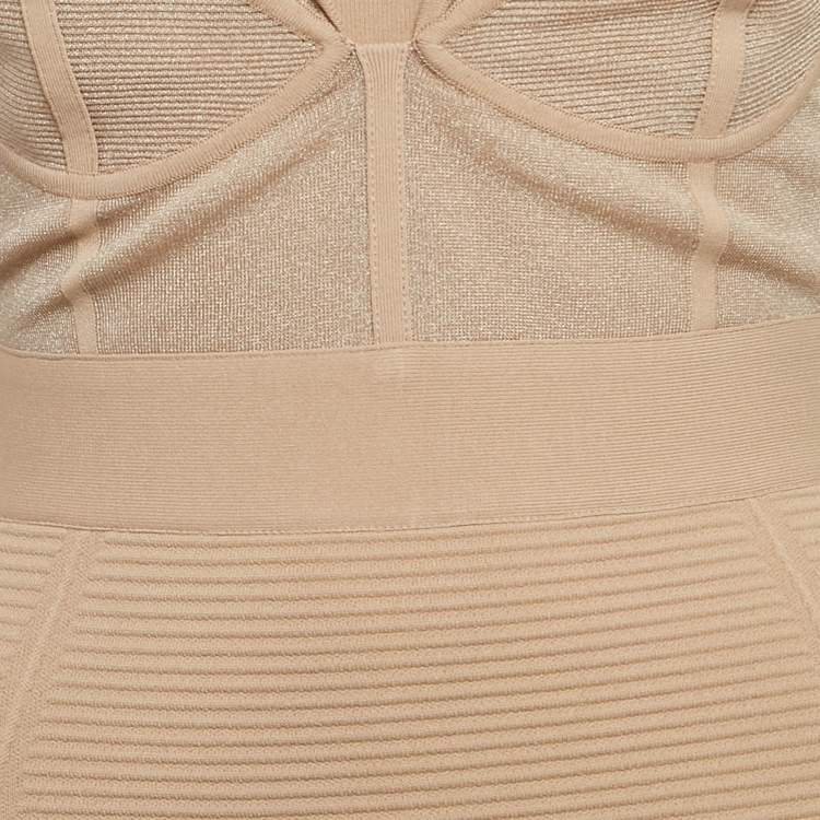 Pre Owned Herve Leger Beige Patterned Jersey Corset Midi Dress S