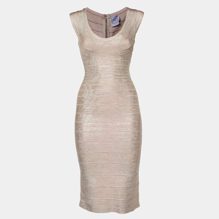 Pre Owned Herve Leger Metallic Pink Bandage Jersey Short Maira Dress S