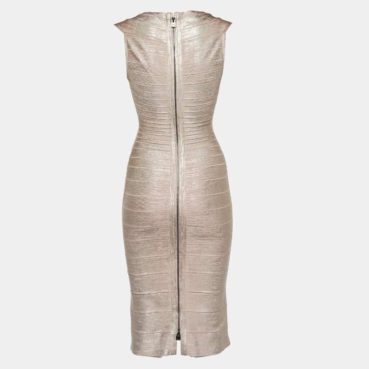 Pre Owned Herve Leger Metallic Pink Bandage Jersey Short Maira Dress S