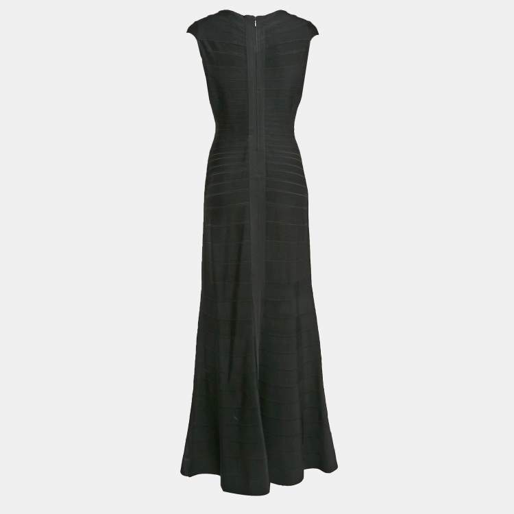 Pre Owned Herve Leger Black Stretch Bandage Knit Flared Maxi Dress L