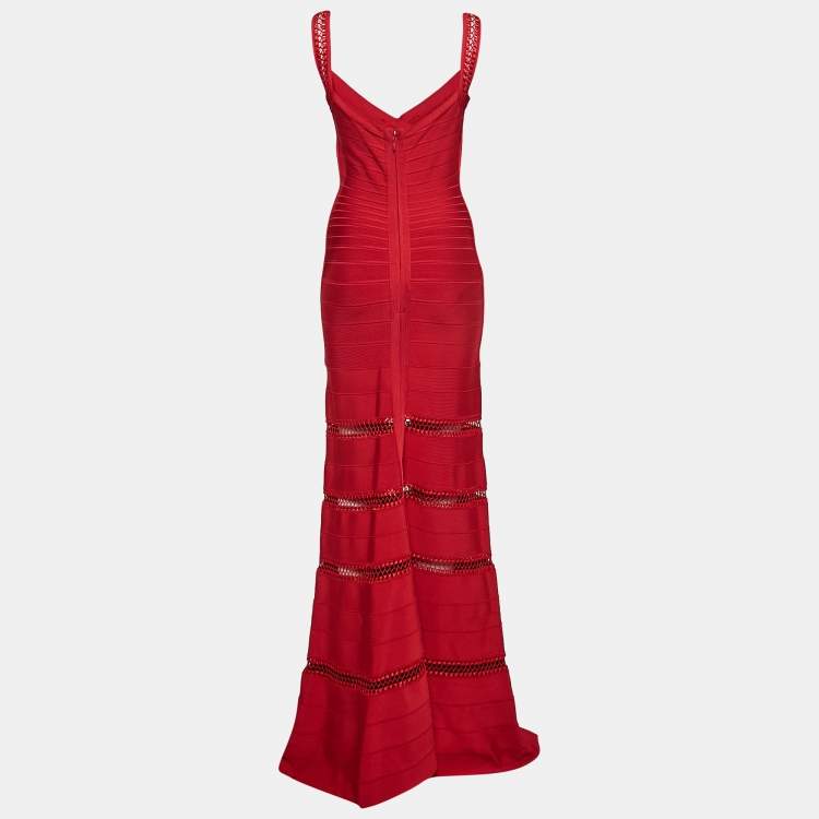 Pre Owned Herve Leger Lipstick Red Bandage Knit Sleeveless Rilla Maxi Dress M