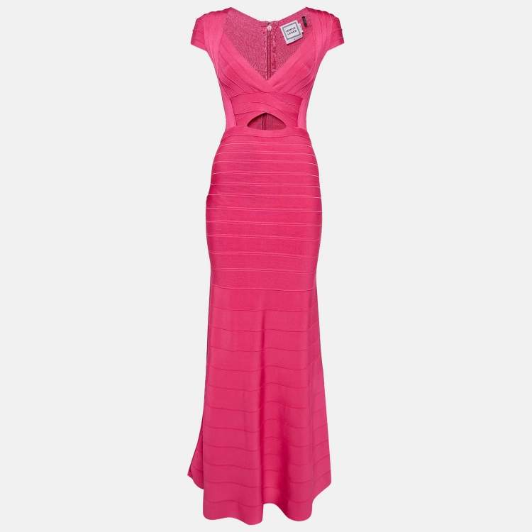 Pre Owned Herve Leger Pink Bandage Knit Cap Sleeve Flared Gown S