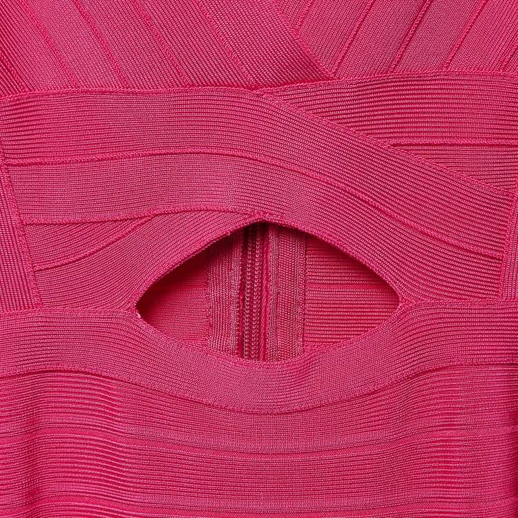 Pre Owned Herve Leger Pink Bandage Knit Cap Sleeve Flared Gown S