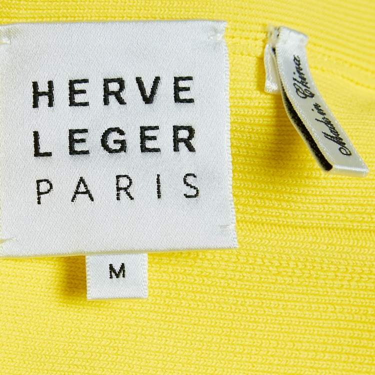 Pre Owned Herve Leger Yellow Stretch Knit Bandage Mini Dress M