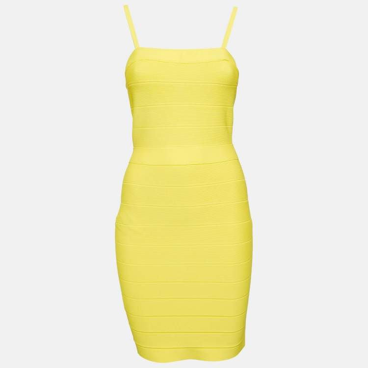Pre Owned Herve Leger Yellow Stretch Knit Bandage Mini Dress M