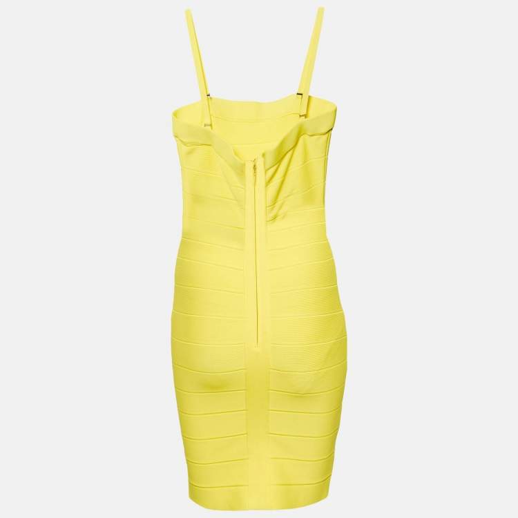 Pre Owned Herve Leger Yellow Stretch Knit Bandage Mini Dress M