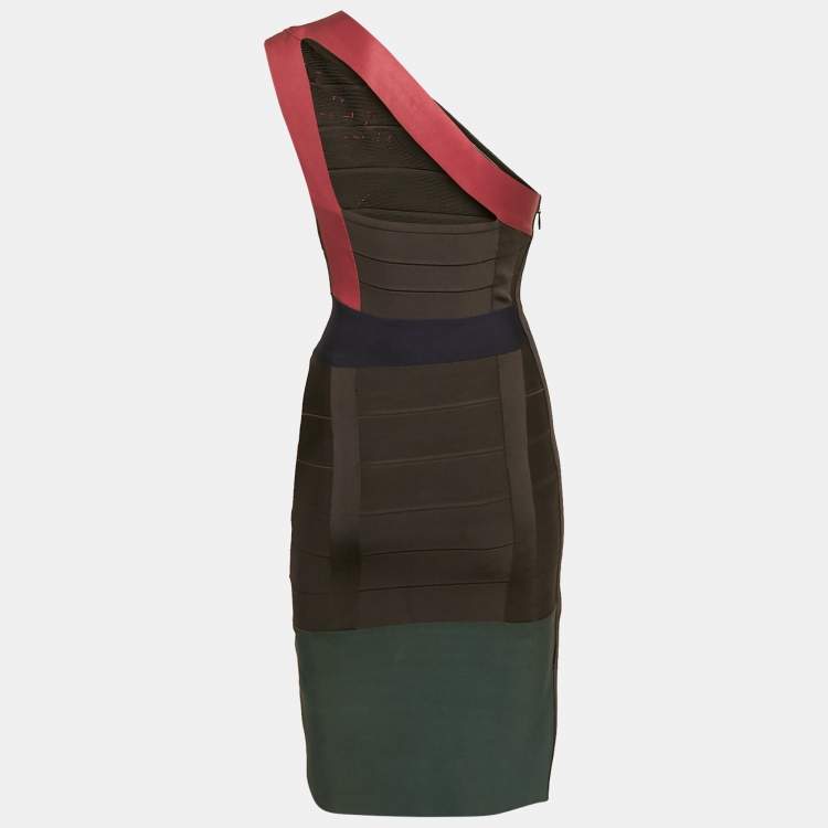 Pre Owned Herve Leger Multicolor Jersey One-Shoulder Mini Bandage Dress XS