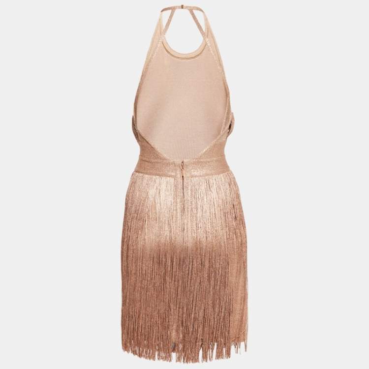 Pre Owned Herve Leger Gold Lurex Jersey Fringed Mini Dress XS