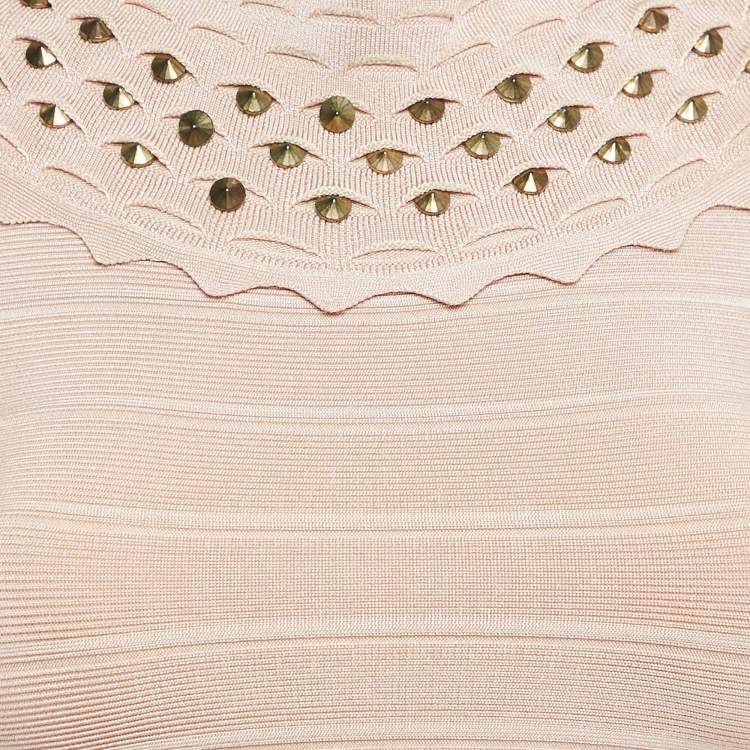 Pre Owned Herve Leger Pink Embellished Knit Sleeveless Bandage Short Dress S
