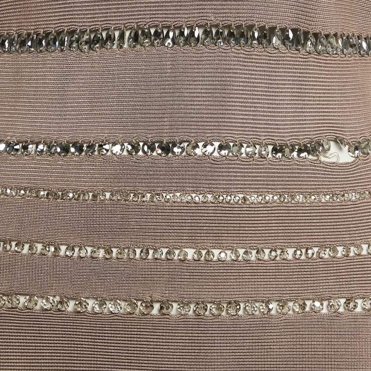 Pre Owned Herve Leger Tan Brown Bandage Knit Crystal Embellished Cut-Out Bodycon Dress S
