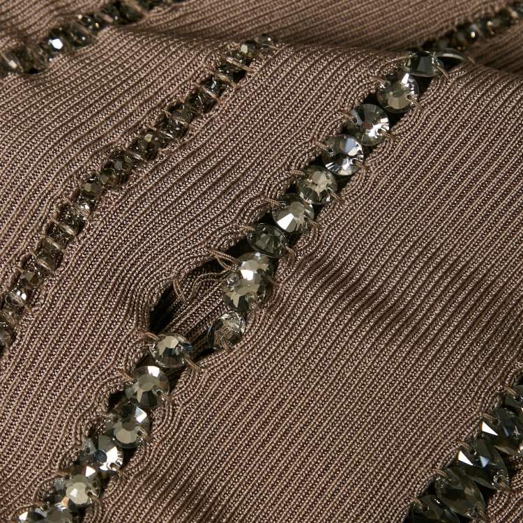 Pre Owned Herve Leger Tan Brown Bandage Knit Crystal Embellished Cut-Out Bodycon Dress S