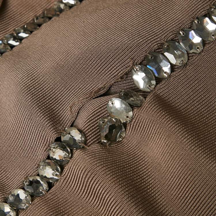 Pre Owned Herve Leger Tan Brown Bandage Knit Crystal Embellished Cut-Out Bodycon Dress S