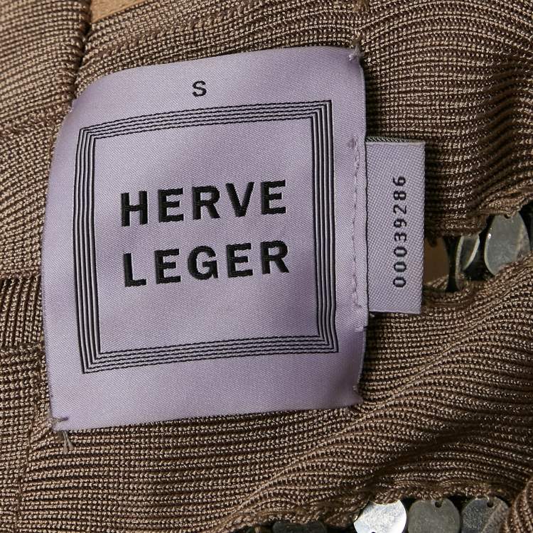Pre Owned Herve Leger Tan Brown Bandage Knit Crystal Embellished Cut-Out Bodycon Dress S