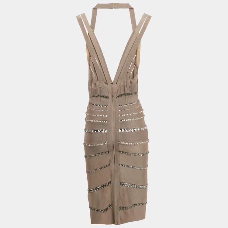 Pre Owned Herve Leger Tan Brown Bandage Knit Crystal Embellished Cut-Out Bodycon Dress S