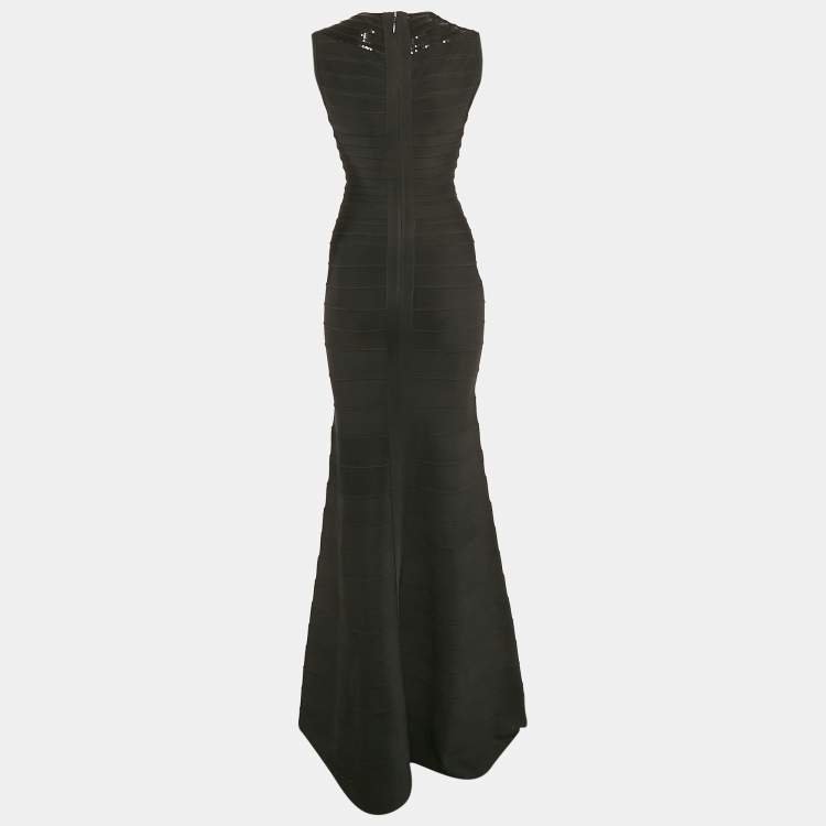 Pre Owned Herve Leger Black Bandage Knit Sequin Embellished Sleeveless Gown S