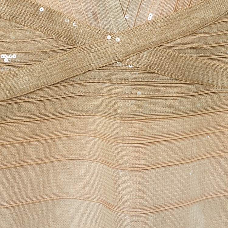 Pre Owned Herve Leger Beige Bandage Knit Sequin Bodycon Dress XS