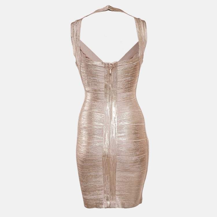 Pre Owned Herve Leger Pink Coated Knit Bandage Knit Sleeveless Bodycon Dress S