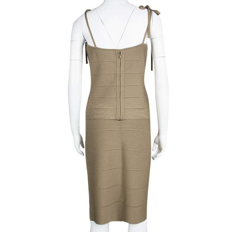 Pre Owned Herve Leger Brown Bandage Tie Detail Top and Skirt Set M