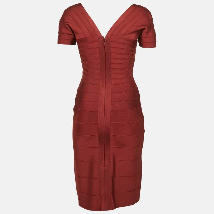 Pre Owned Herve Leger Burgundy Knit Bandage Mini Dress M