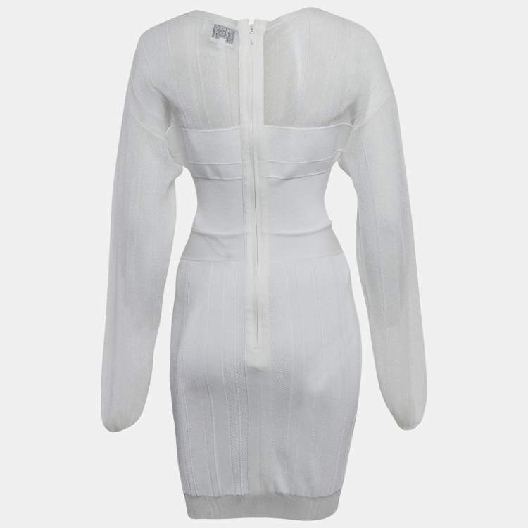Pre Owned Herve Leger White Jersey Long Sleeve Mini Dress S
