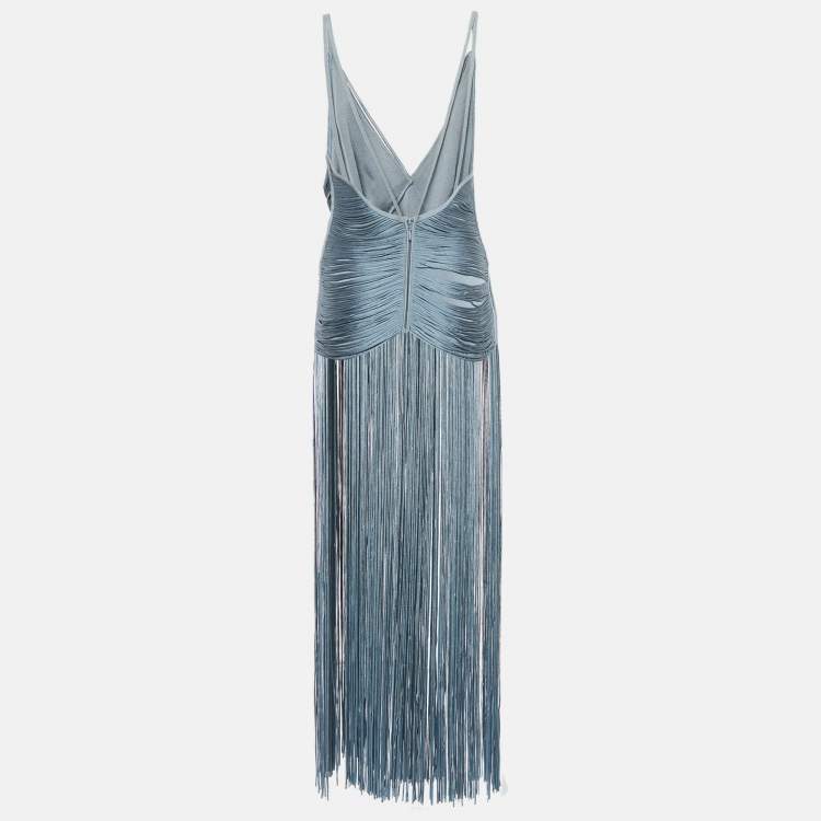 Pre Owned Herve Leger Blue Knit Tasseled Maxi Dress S