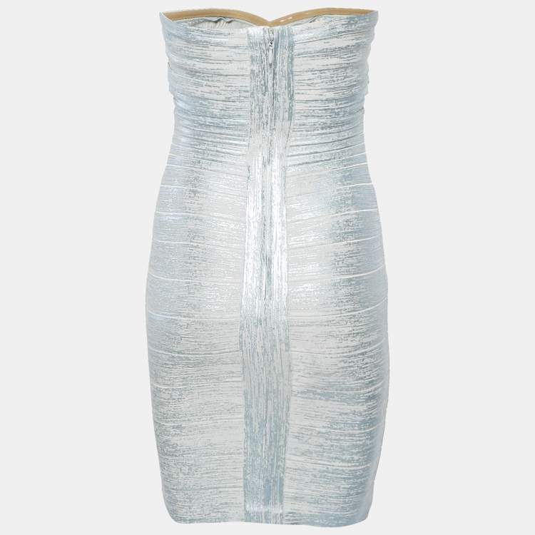 Pre Owned Herve Leger Blue Coated Knit Strapless Bandage Dress XS