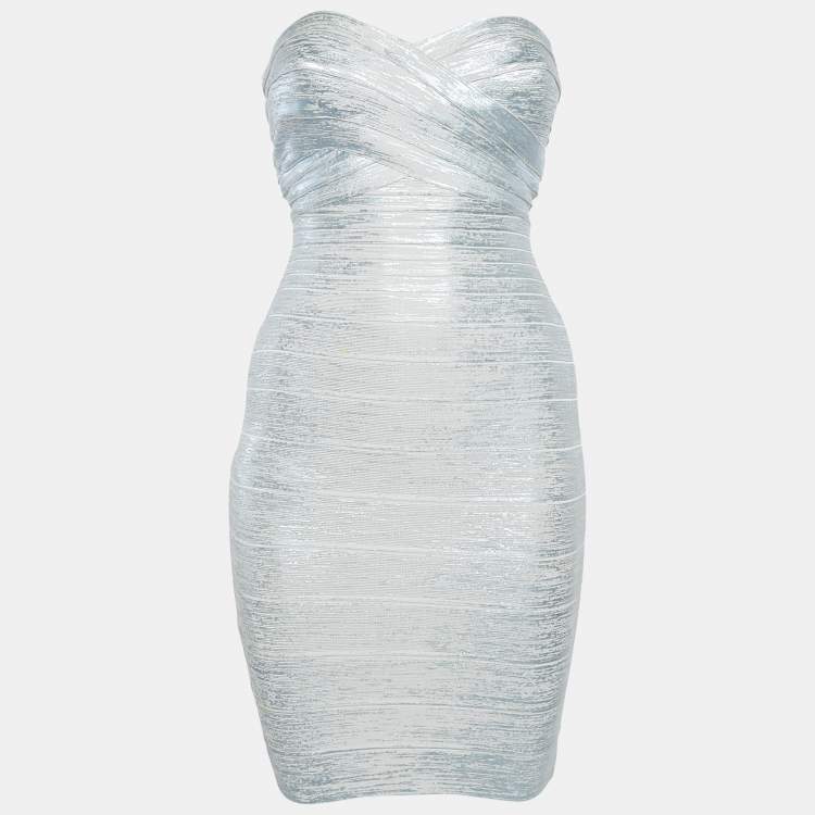Pre Owned Herve Leger Blue Coated Knit Strapless Bandage Dress XS