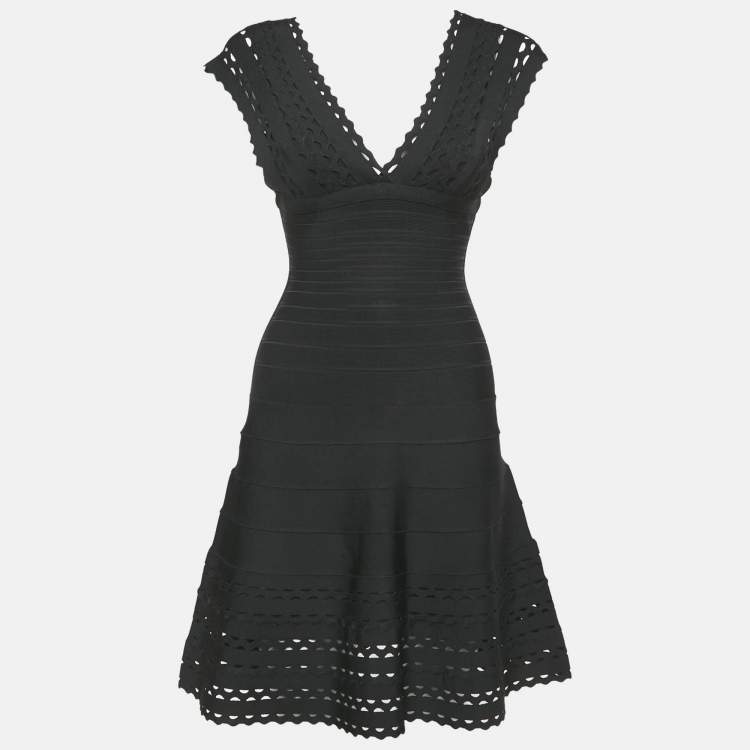 مملوكة مسبقًا Herve Leger Black Knit Laser-Cut Detail Karolina Bandage Short Dress S