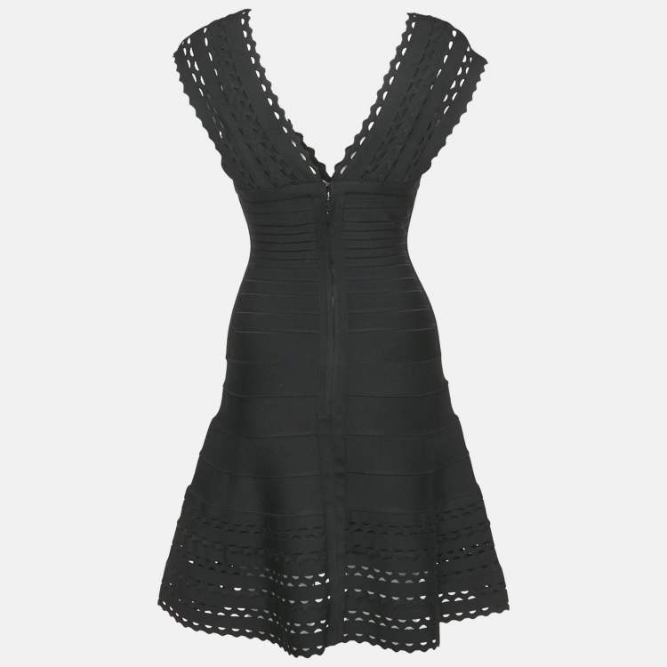 مملوكة مسبقًا Herve Leger Black Knit Laser-Cut Detail Karolina Bandage Short Dress S