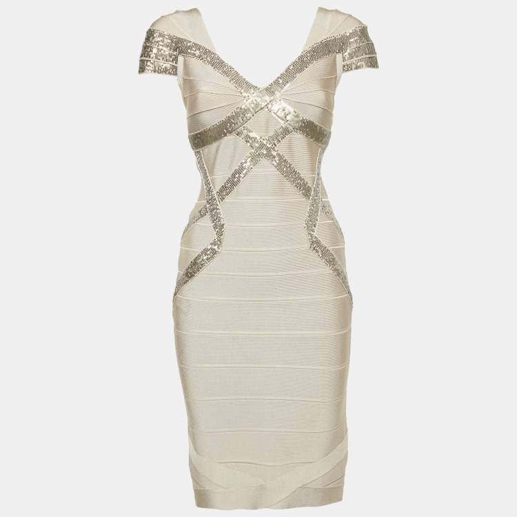 مملوكة مسبقًا Herve Leger Beige/Khaki Sequin Embellished Knit Bandage Dress S