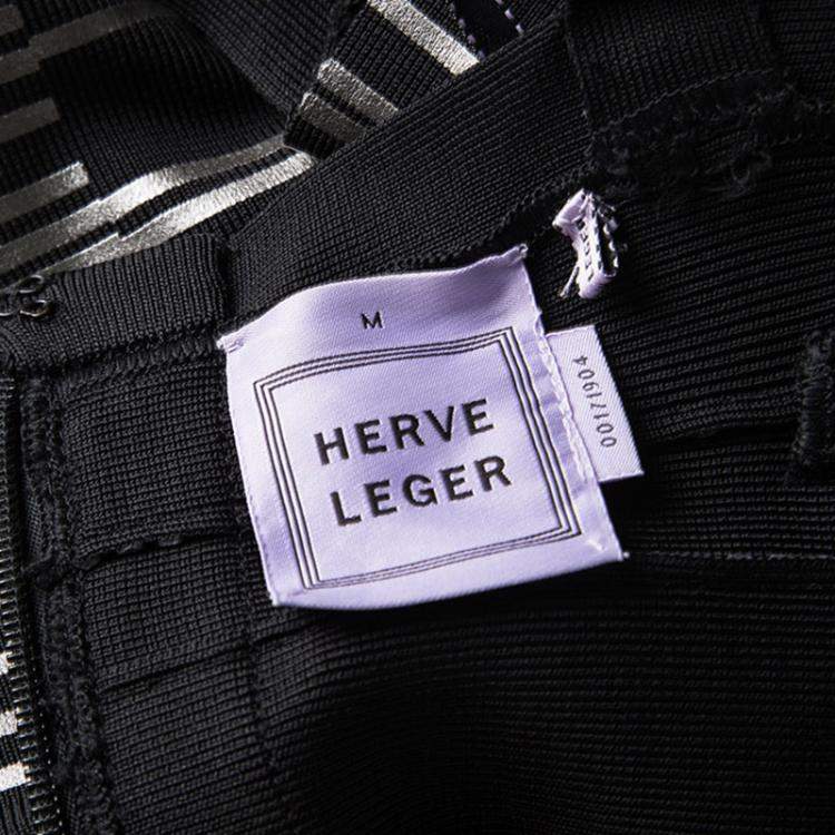 Pre Owned Herve Leger Black Foil Printed Jasmine Bandage Dress M