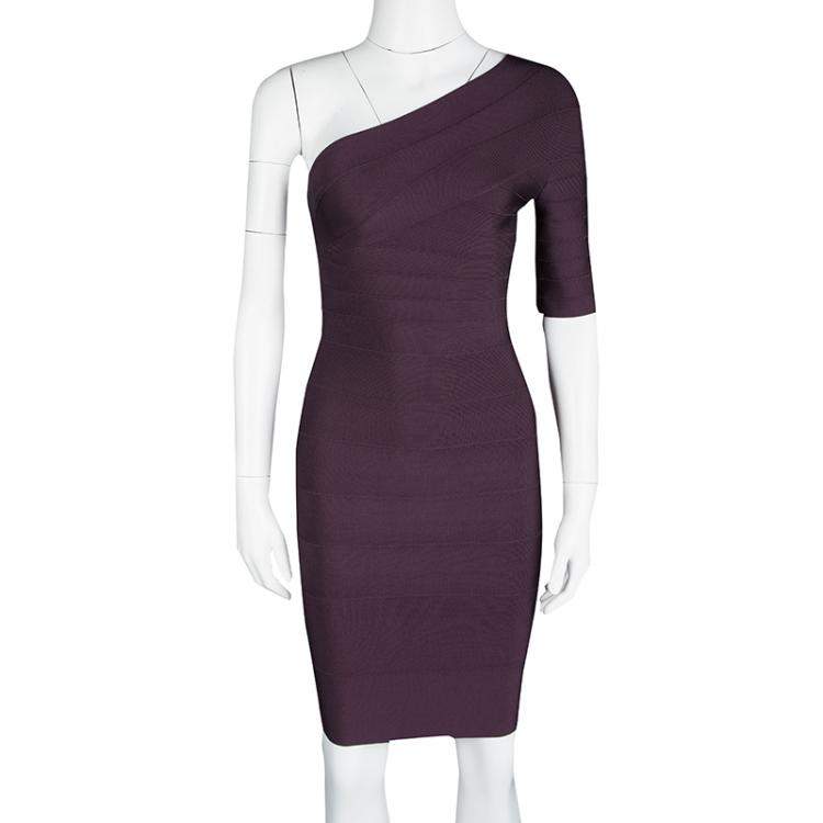 Pre Owned Herve Leger Purple Prune One Shoulder Bandage Dress XXS