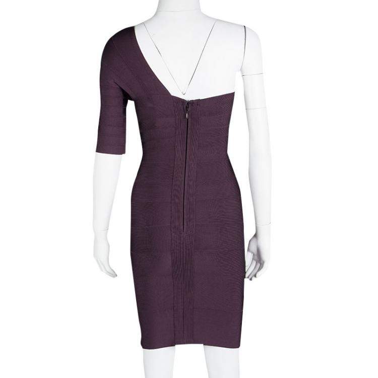 Pre Owned Herve Leger Purple Prune One Shoulder Bandage Dress XXS