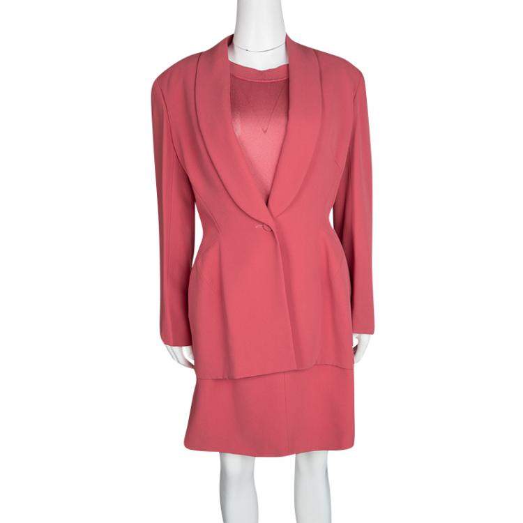 Pre Owned Herve Leger Vintage Pink Mesh Top Skirt and Blazer Set XL
