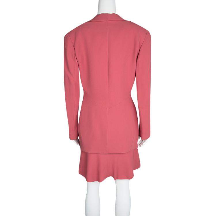 Pre Owned Herve Leger Vintage Pink Mesh Top Skirt and Blazer Set XL
